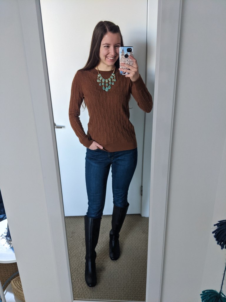 brown-cableknit-sweater-green-statement-necklace-skinny-jeans