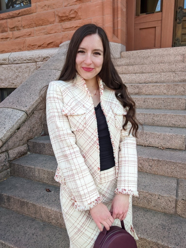 berry-lip-tweed-blazer-black-blouse-name-necklace