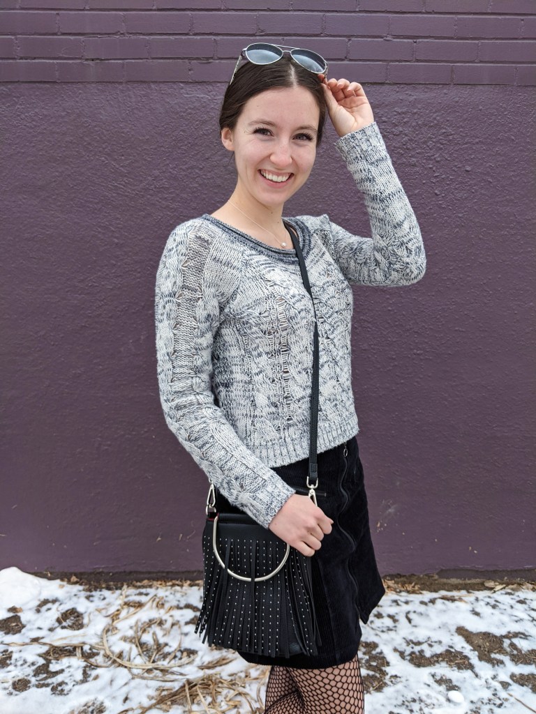 aviators-black-fringe-purse-grey-sweater-black-corduroy-skirt