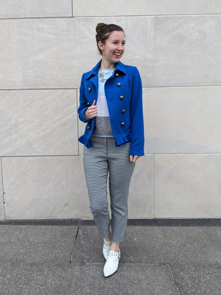 houndstooth-pants-blue-peacoat-white-mules