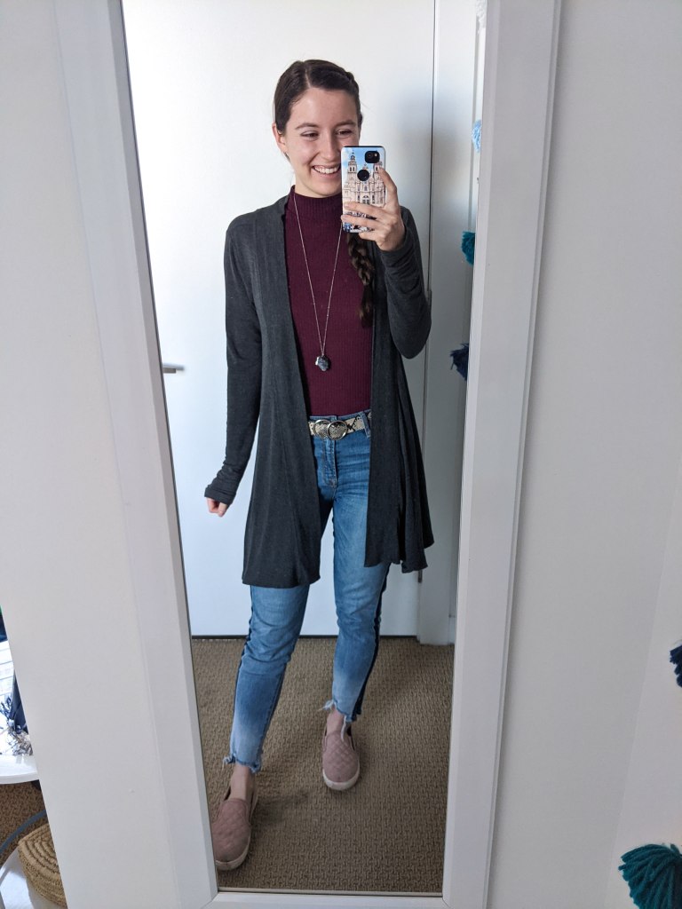 mockneck-duster-cardigan-tuxedo-stripe-jeans-steve-madden-sneakers