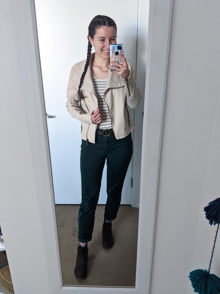 down-east-style-green-stripe-tee-green-pants-beige-jacket
