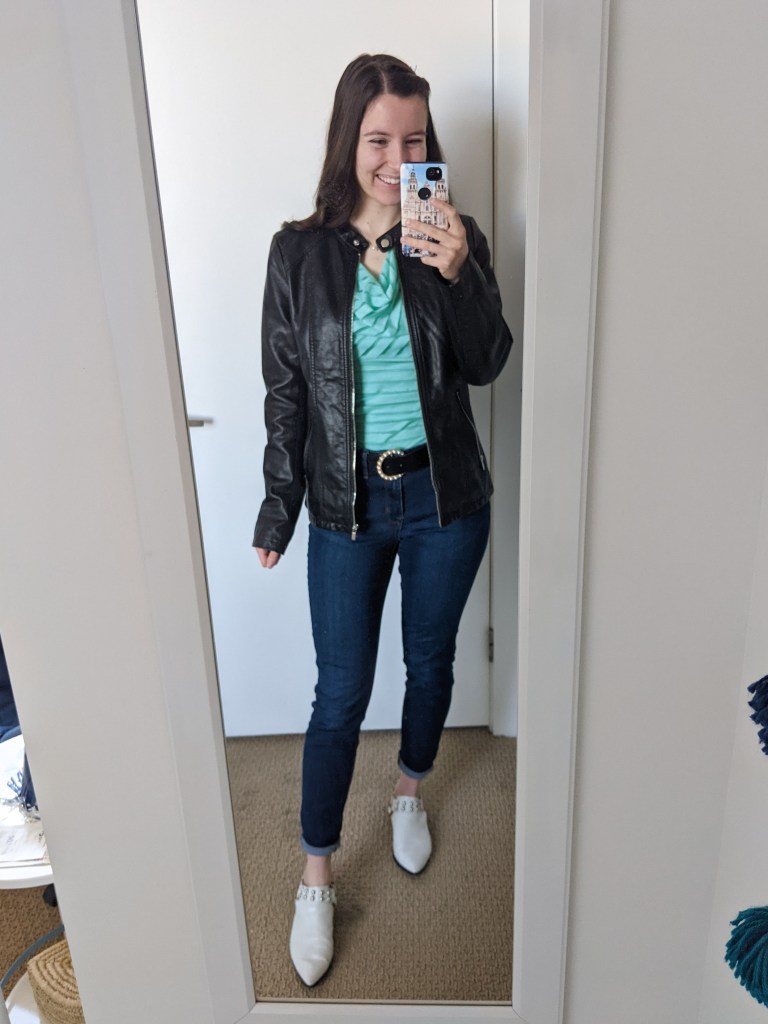 turquoise-cowl-blouse-black-leather-jacket-white-mules