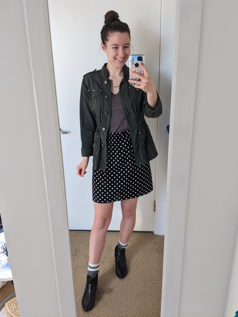 polka-dot-skirt-grey-tee-utility-jacket