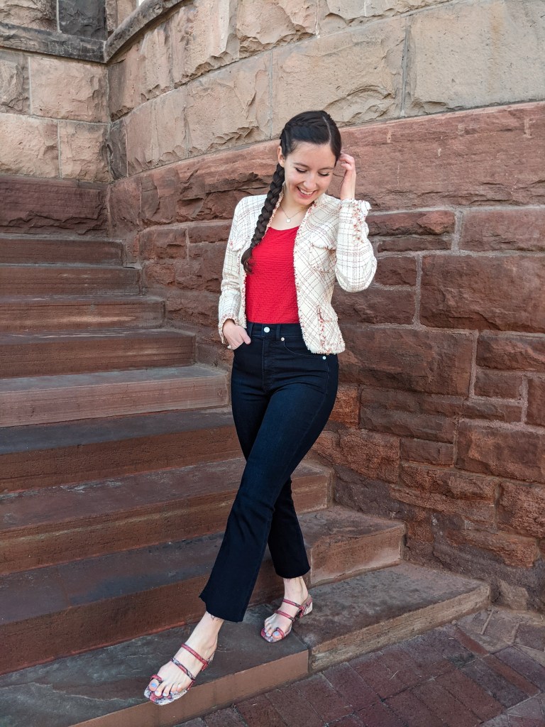 cropped-flared-jeans-express-red-top-tweed-blazer