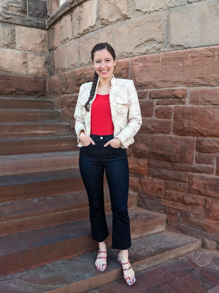 red-blouse-thrifted-blazer-anne-klein
