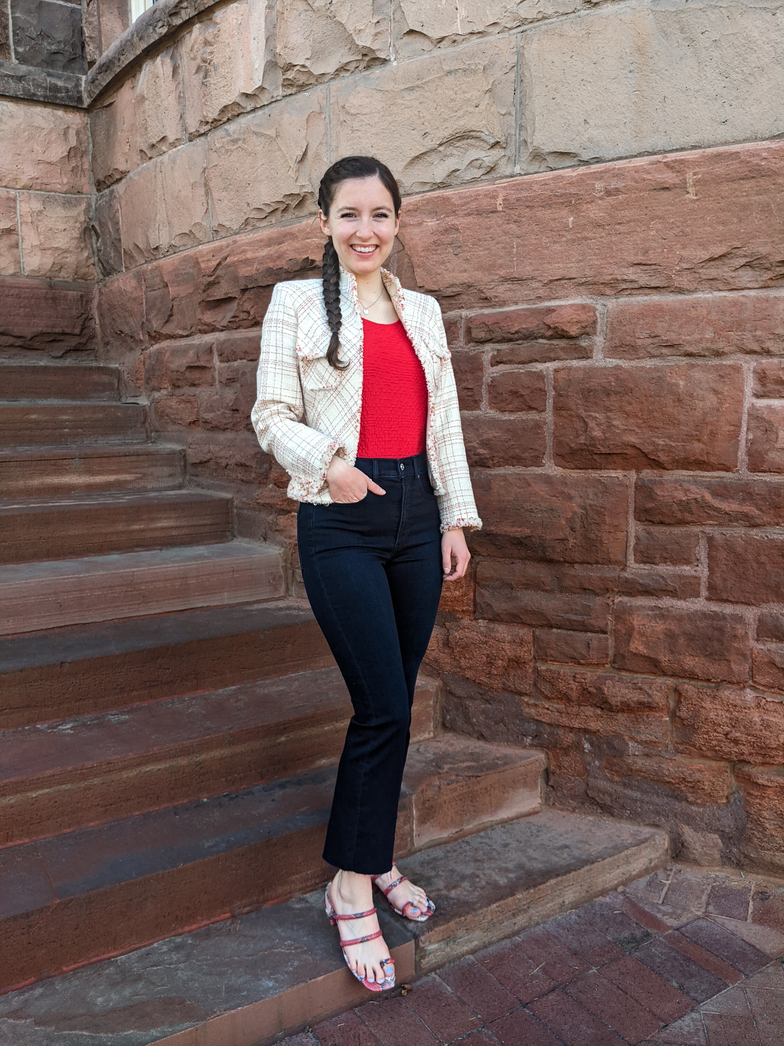 red-blouse-thrifted-blazer-darkwash-jeans-snakeskin-sandals