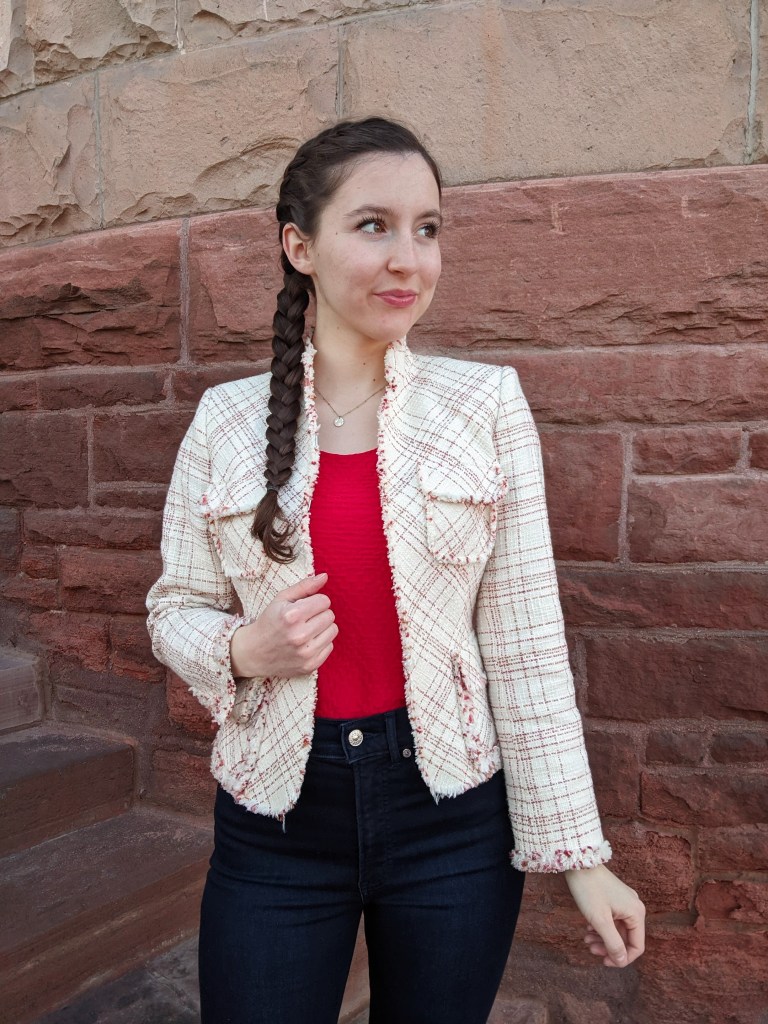 poshmark-red-thrifted-blazer-spring-outfit-work-attire