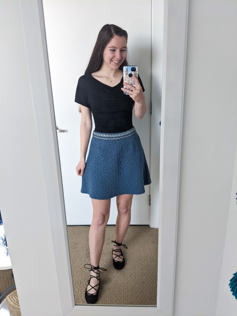 black-blouse-blue-skirt-lace-up-flats-chic