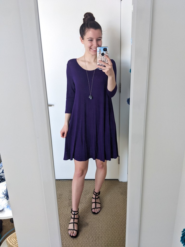 purple-swing-dress-black-gladiator-sandals-pendant-necklace