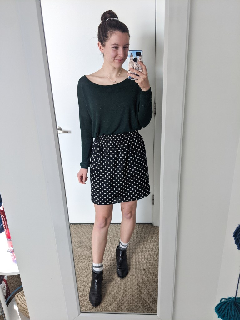 green-tee-polka-dot-skirt-black-booties