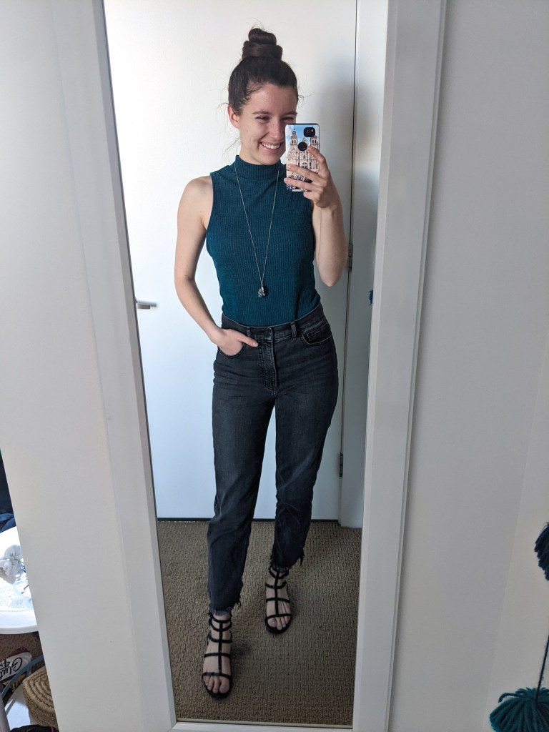 grey-mom-jeans-turquoise-mockneck-black-sandals