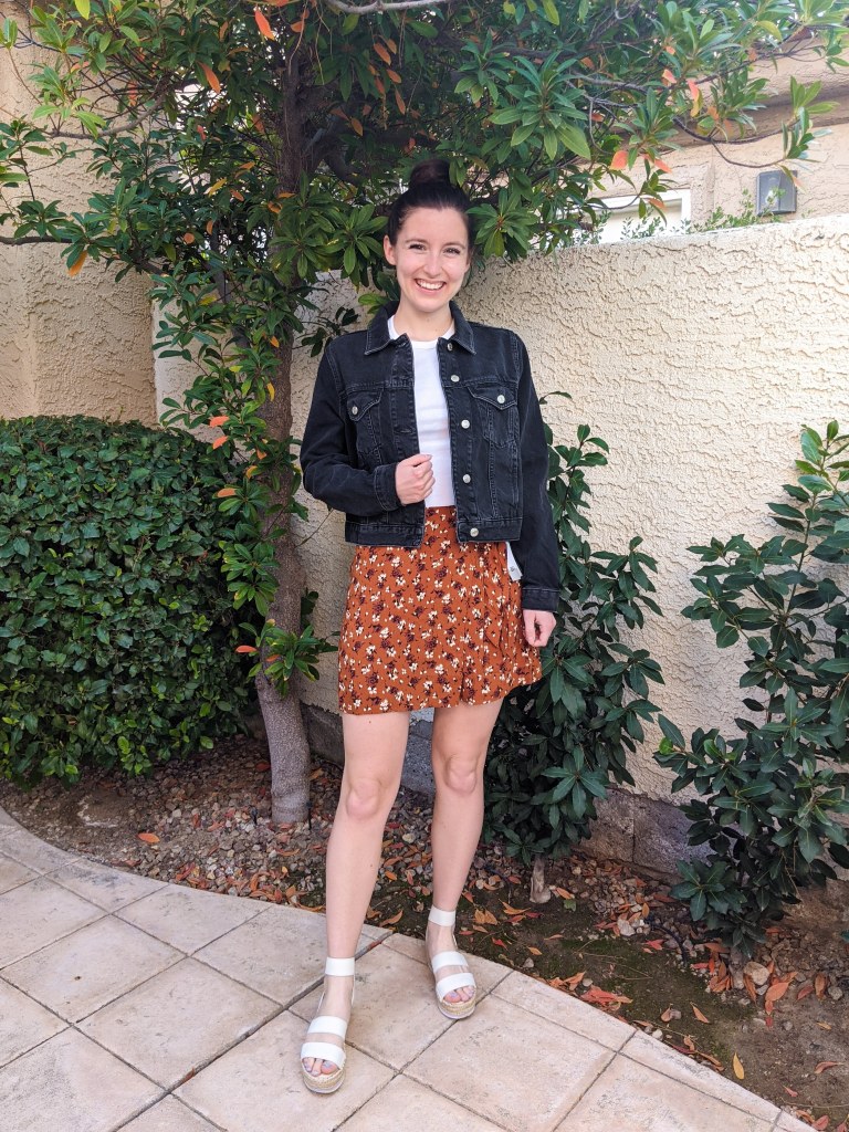 black-cropped-jean-jacket-topshop-white-tee-floral-skirt-orange