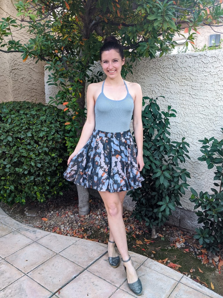 blue-ribbed-bodysuit-floral-swing-skirt