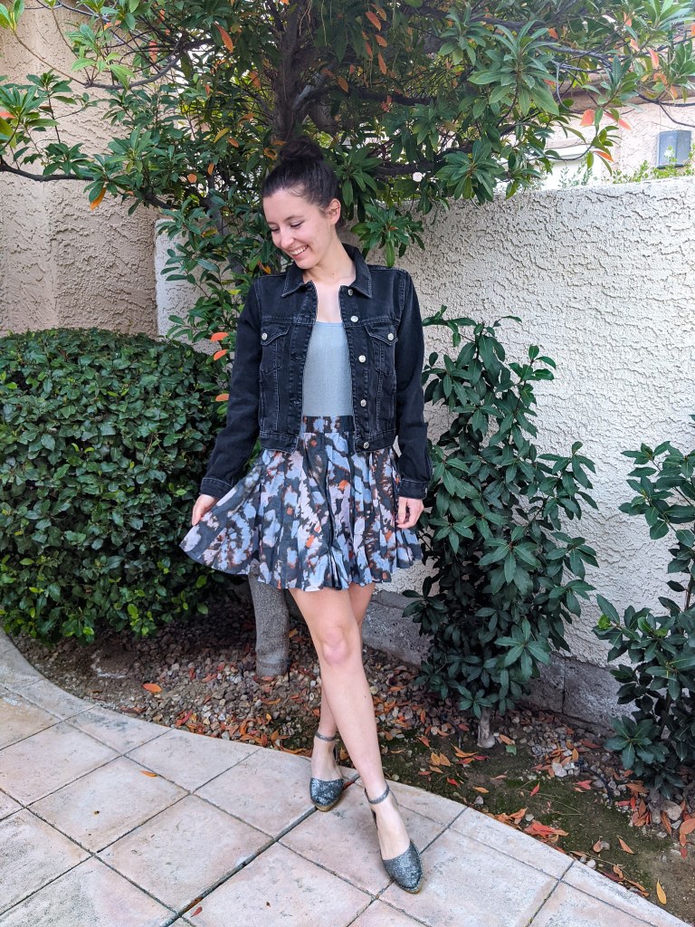black-jean-jacket-blue-bodysuit-floral-free-people-skirt-spring-outfit