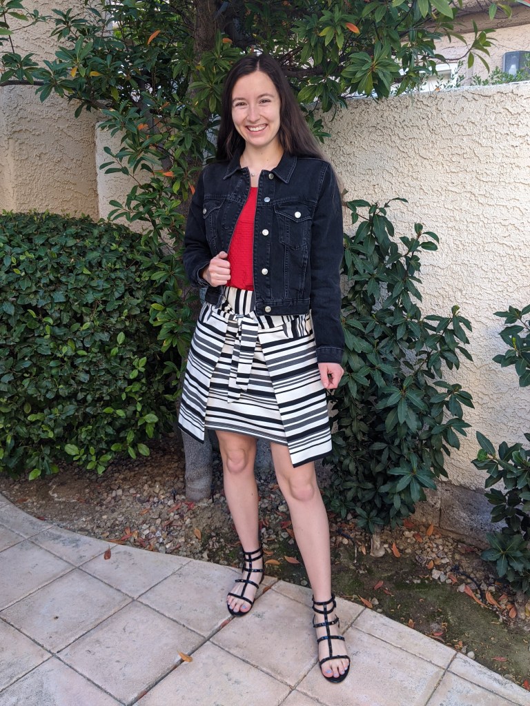 red-top-striped-skirt-cabi-clothing-black-denim-jacket