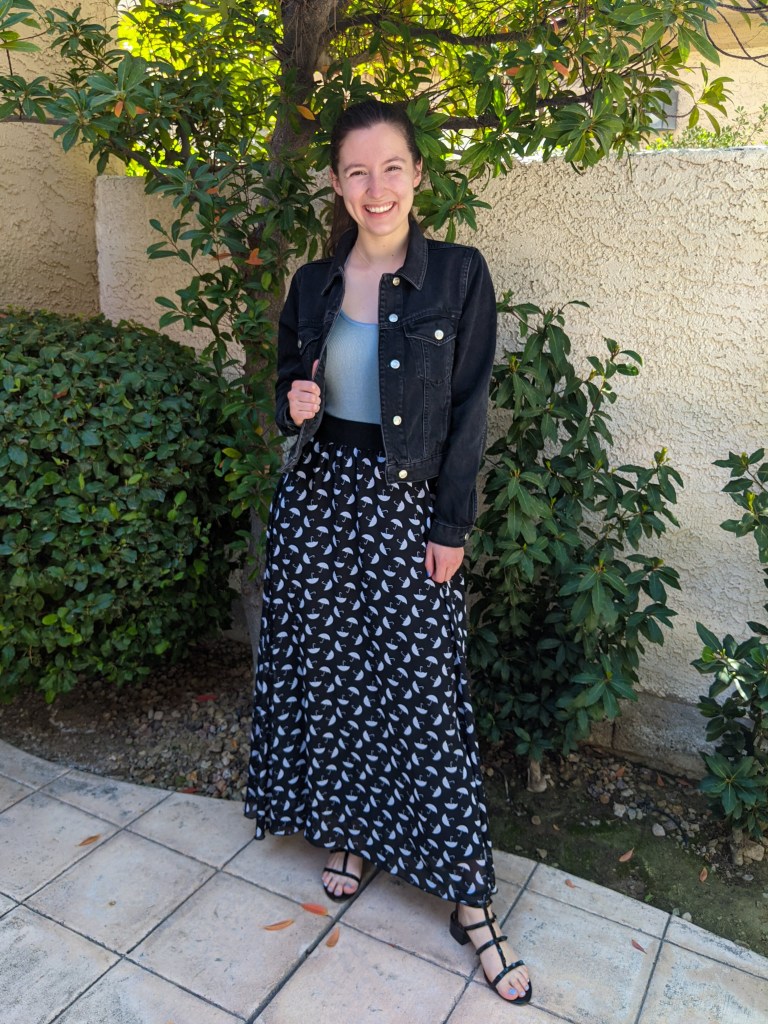 umbrella-print-maxi-skirt-blue-bodysuit-black-jean-jacket