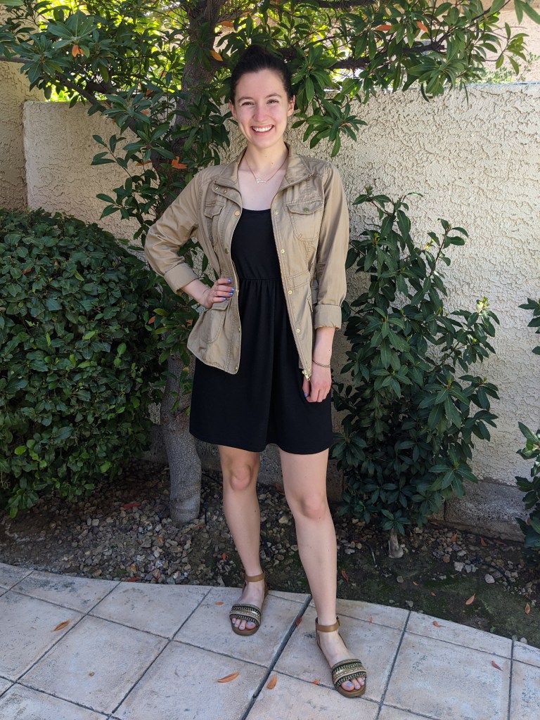 casual-black-dress-tan-anorak-jacket-brown-sandals-neutrals