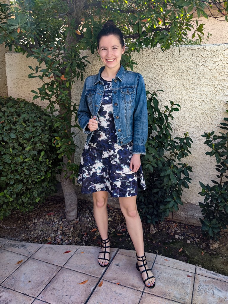 purple-abstract-printed-dress-target-style-jean-jacket-black-studded-sandals
