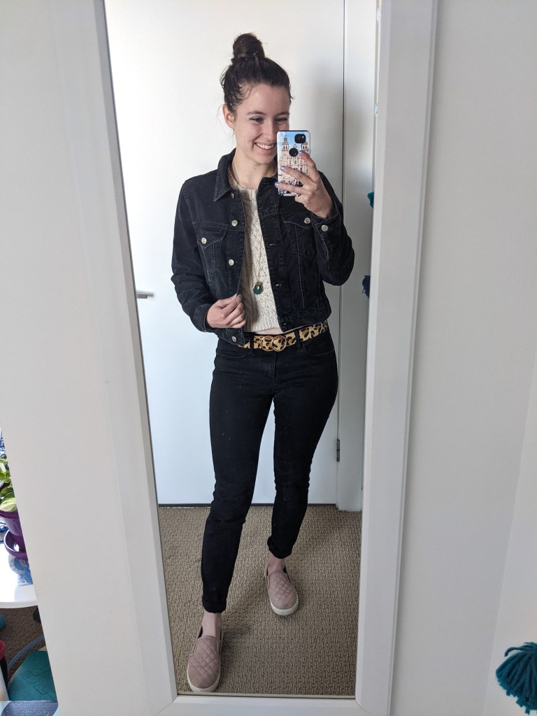 black-denim-jacket-leopard-belt-black-jeans