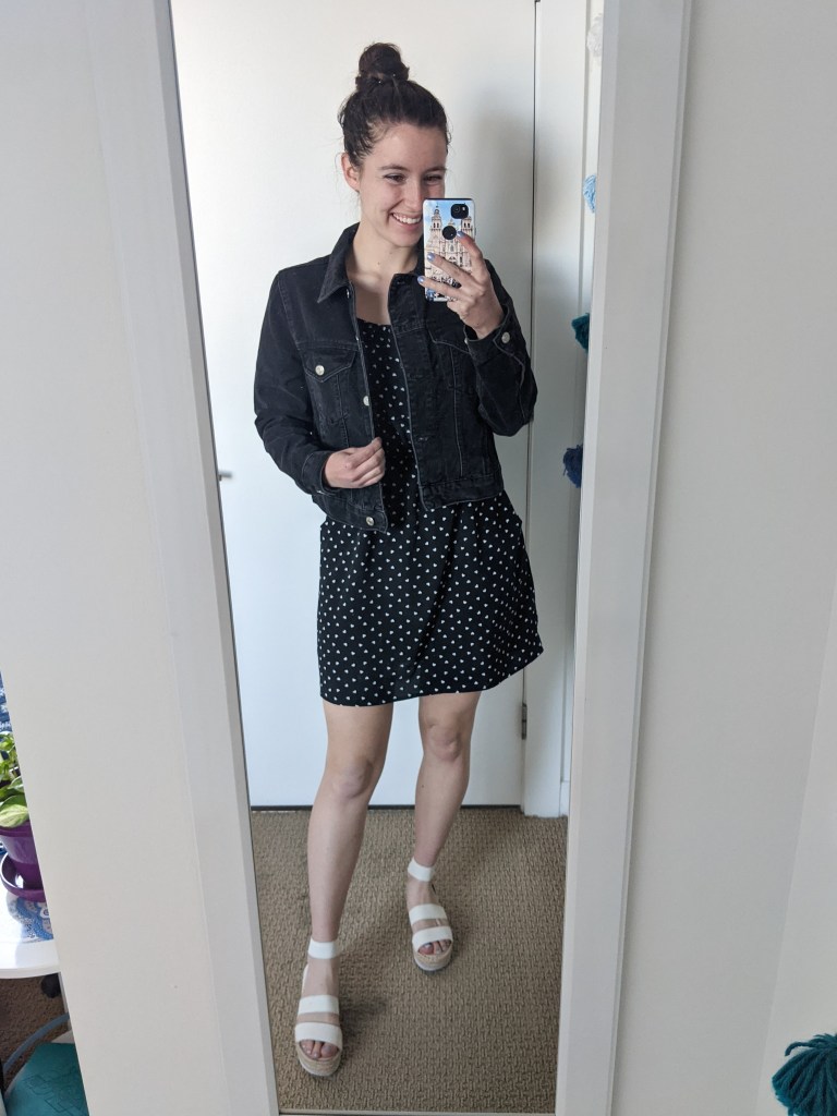 polka-dot-dress-black-denim-jacket-white-sandals