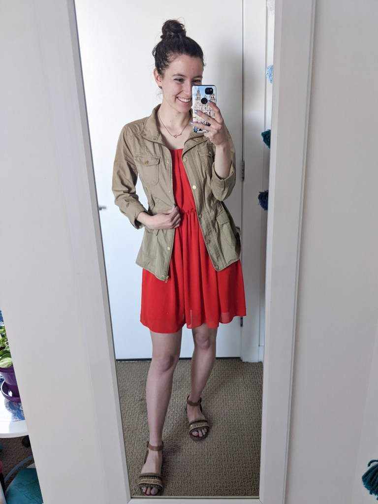 red-dress-tan-anorak-brown-sandals-spring-outfit
