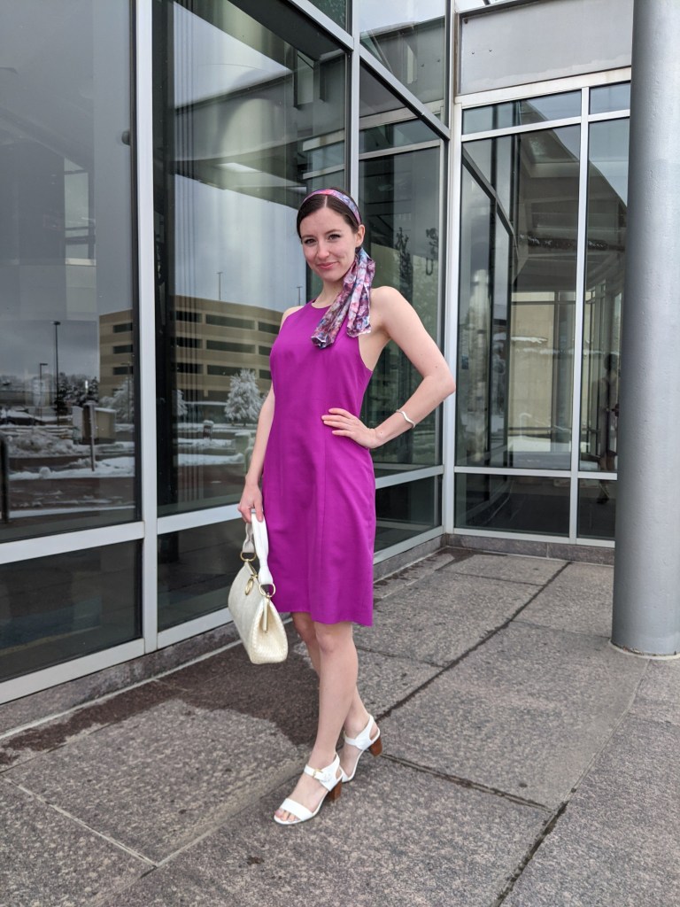 purple-dress-pink-bold-color-white-shoes-white-purse