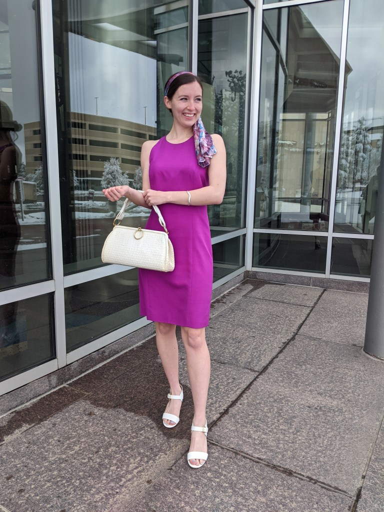 hair-scarf-vintage-dress-thrifted-magenta-60s-fashion