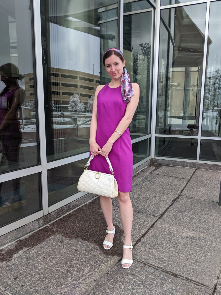 thrifted-magenta-dress-hair-scarf-white-handbag-vintage