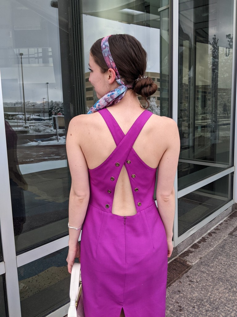 open-back-dress-magenta-thrifted-vintage-style