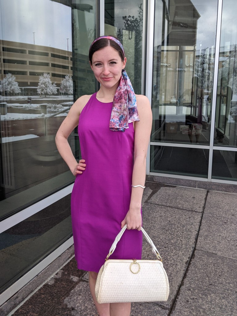 magenta-dress-vintage-style-white-handbag-hair-scarf-thrifted-style