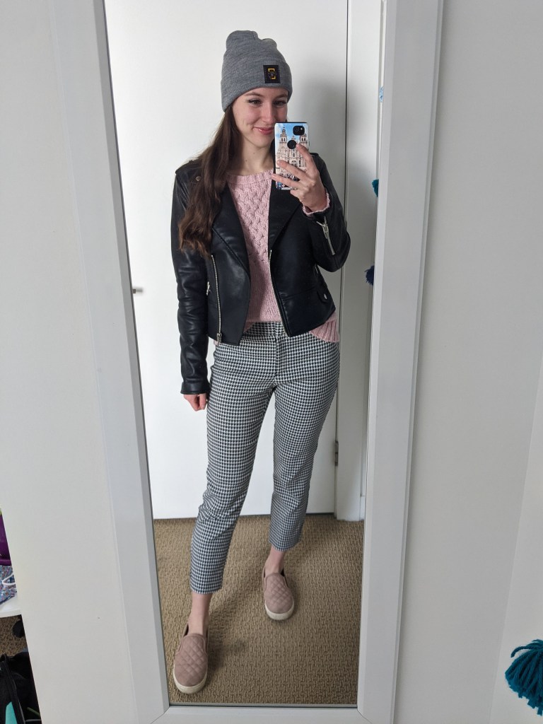 pink-sweater-black-pleather-jacket-houndstooth-pants-pink-sneakers