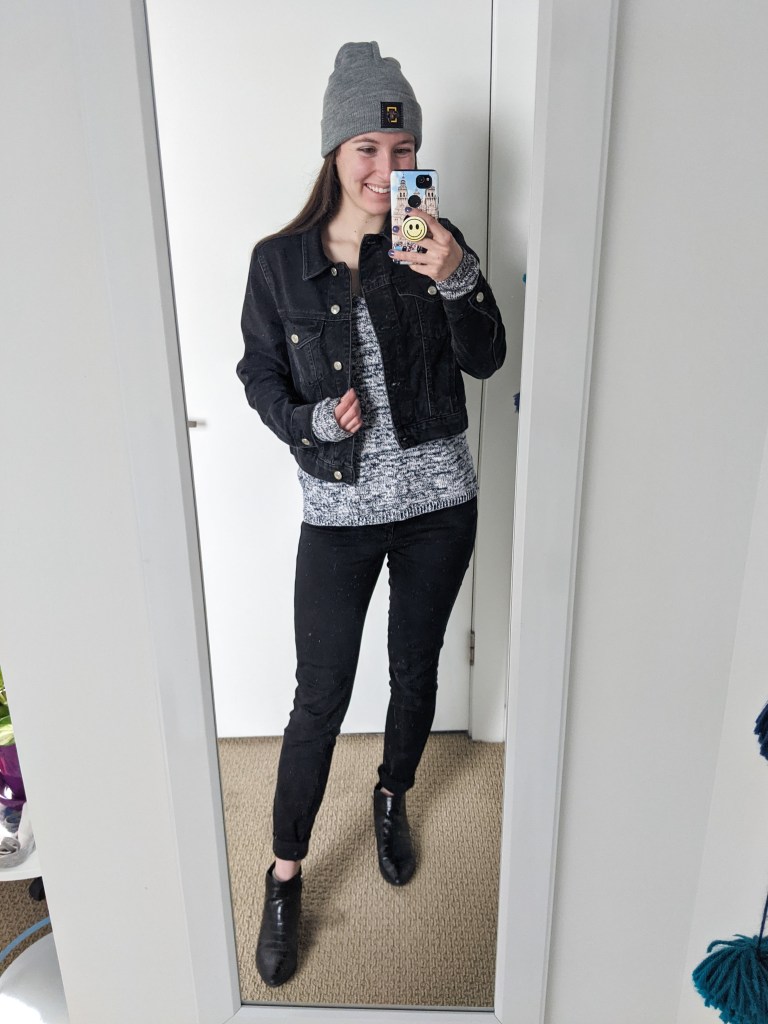 black-denim-jacket-navy-white-sweater-grey-beanie-love-your-melon