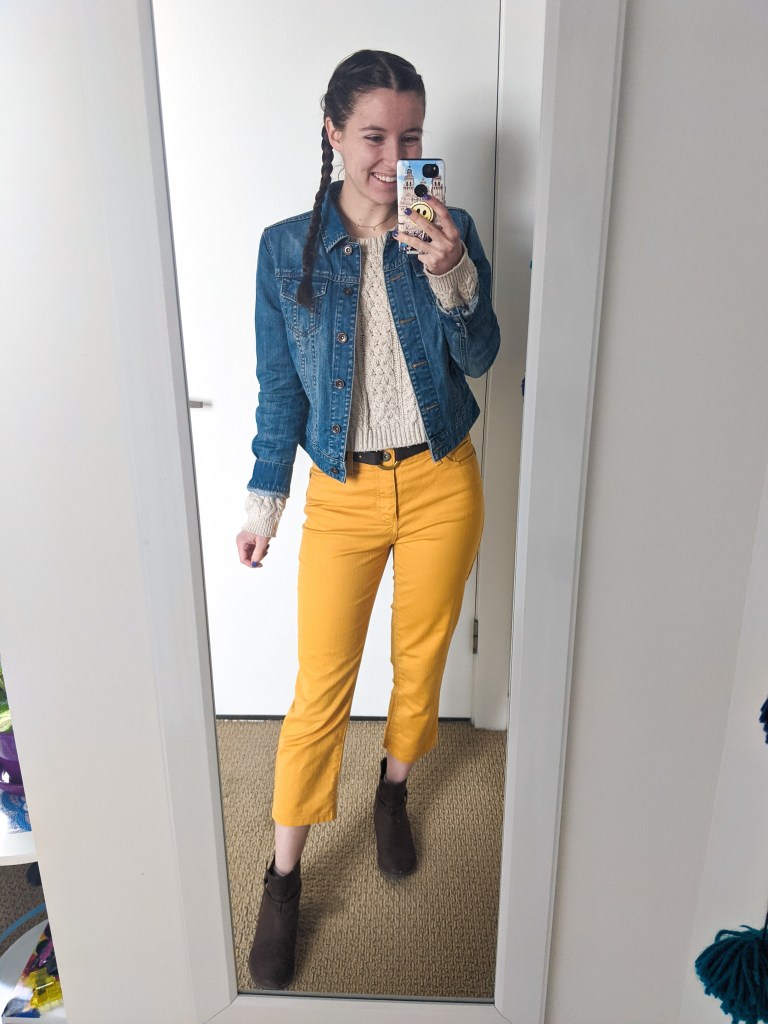 yellow-pants-mustard-beige-sweater-denim-jacket-brown-booties