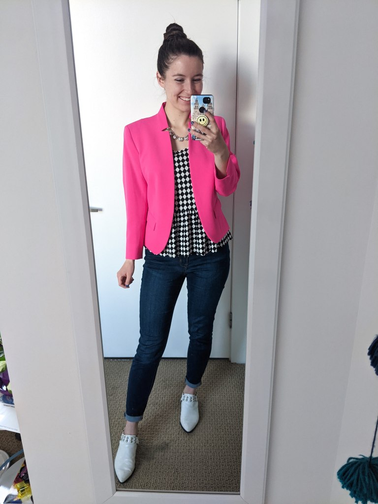 pink-blazer-peplum-top-white-mules-skinny-jeans