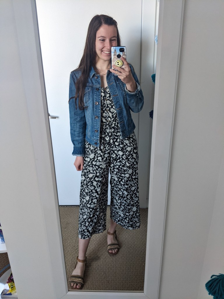 printed-jumpsuit-denim-jacket-brown-sandals