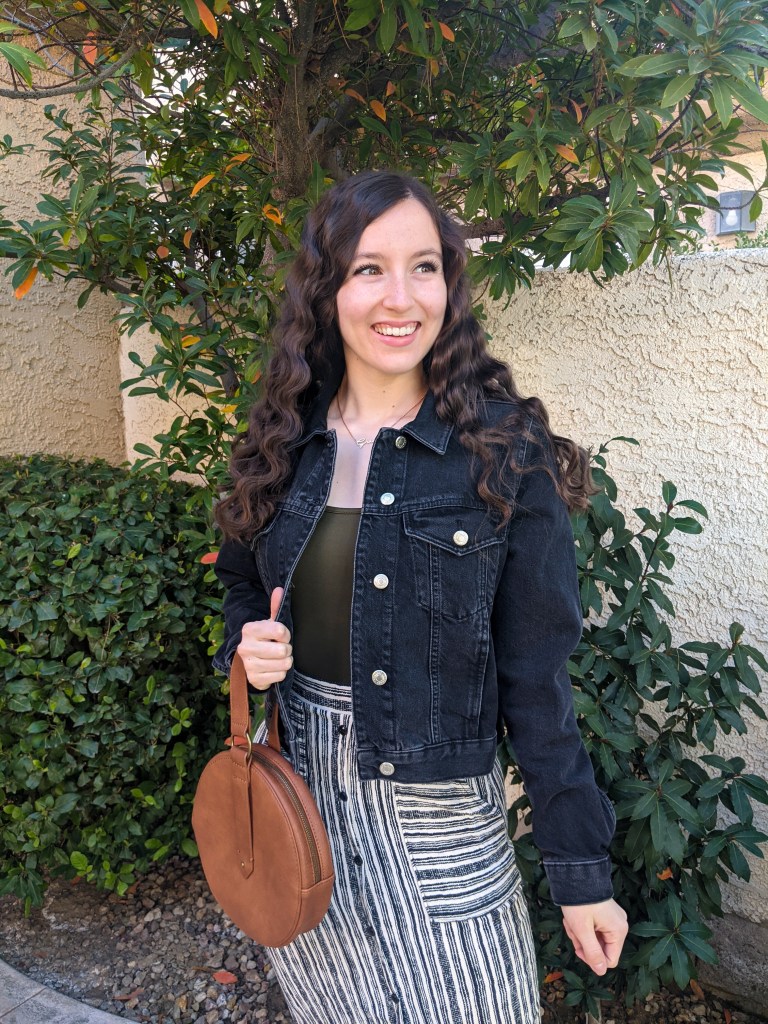 black-denim-jacket-striped-skirt