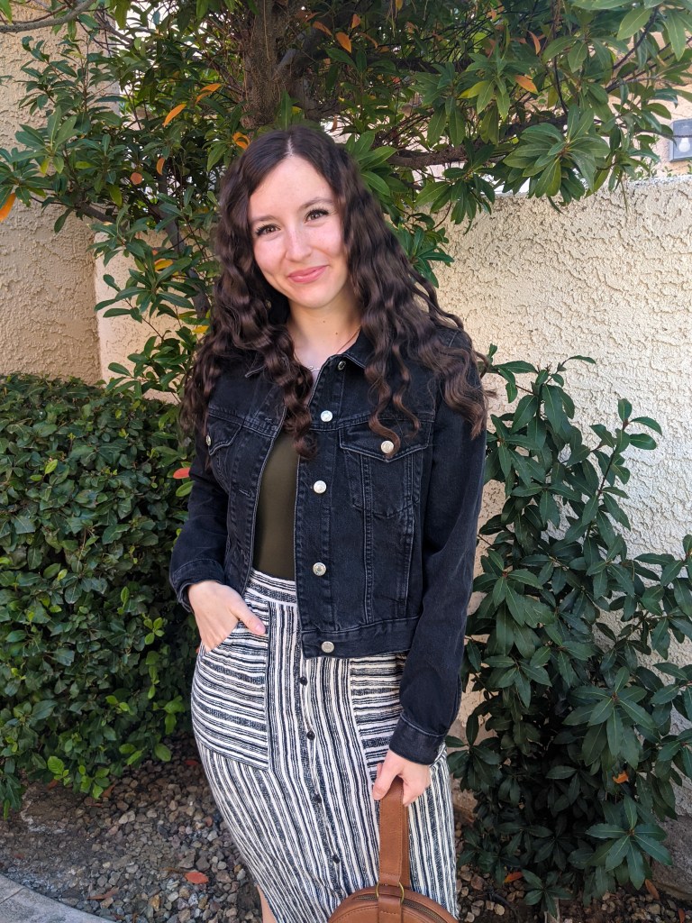 black-denim-jacket-striped-maxi-skirt