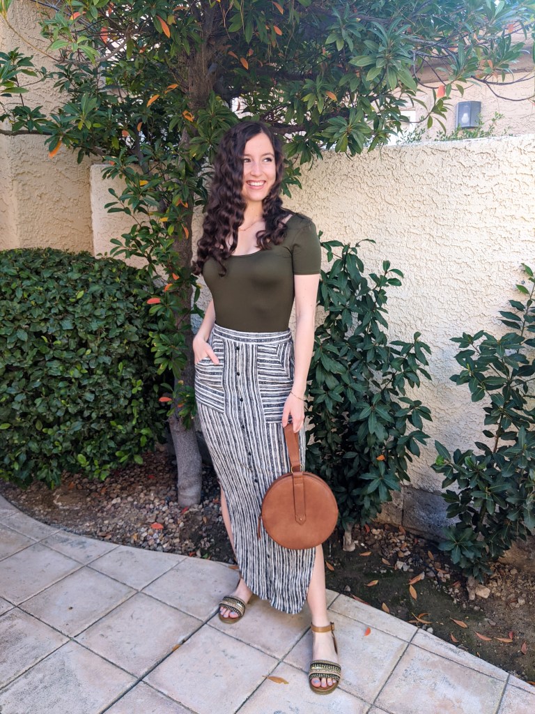 striped-maxi-skirt-brown-circle-purse-olive-tee