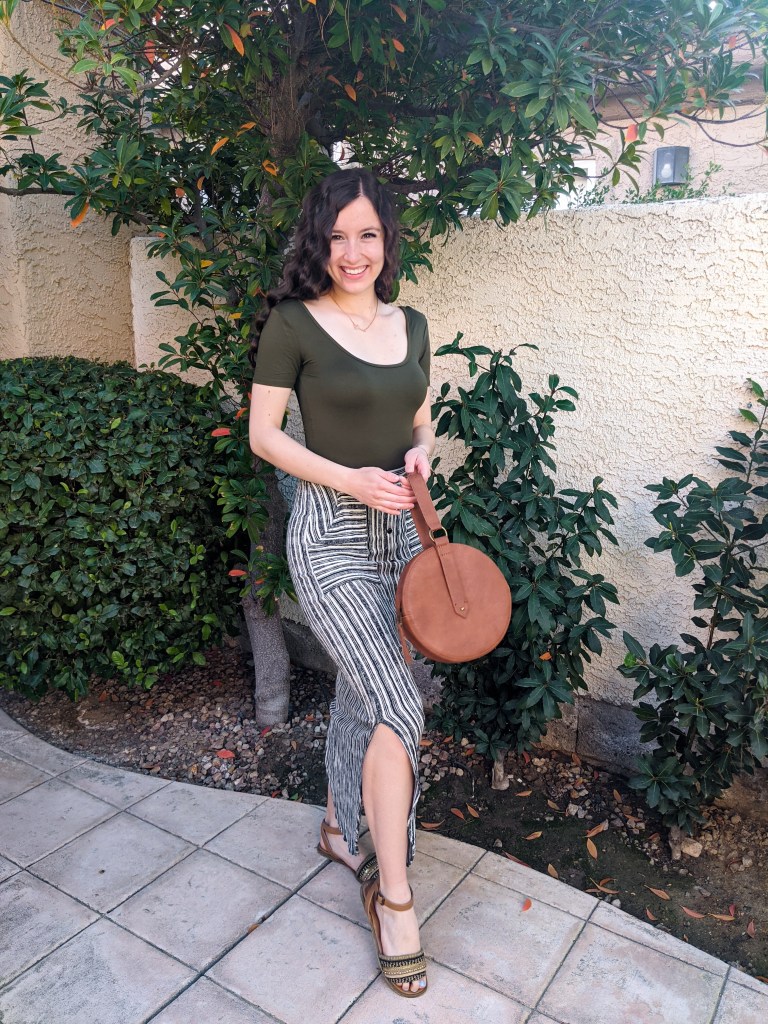olive-green-bodysuit-striped-maxi-skirt-brown-circle-purse
