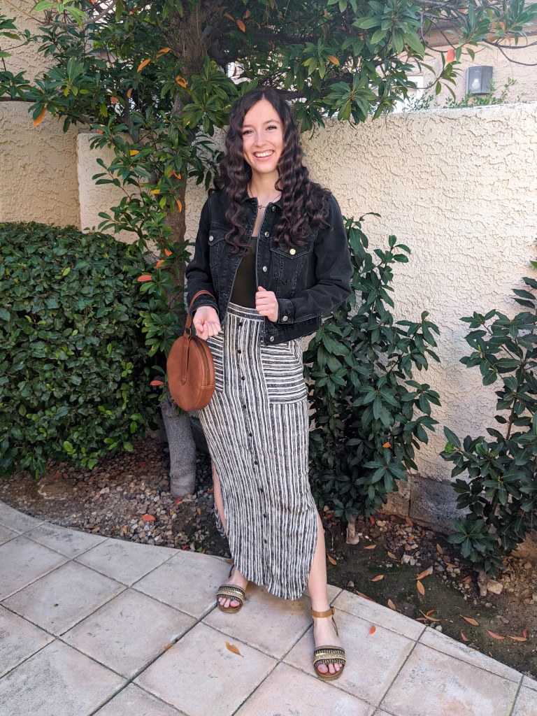 striped-maxi-skirt-black-denim-jacket-brown-circle-purse