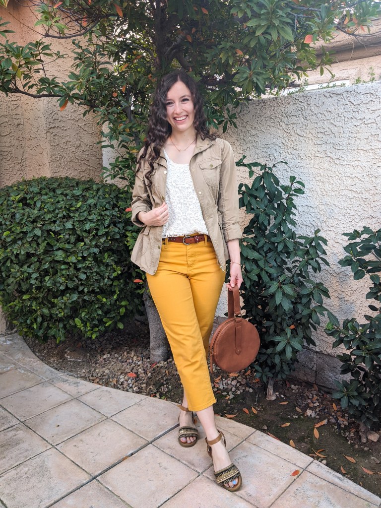 yellow-pants-capris-brown-circle-purse-anorak
