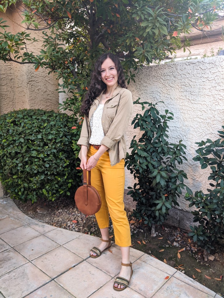 yellow-pants-beige-jacket-white-top-brown-sandals