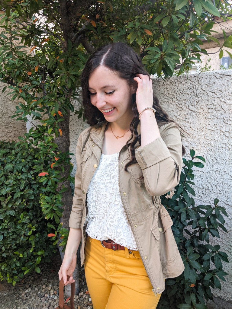 beige-jacket-white-lace-top-yellow-pants