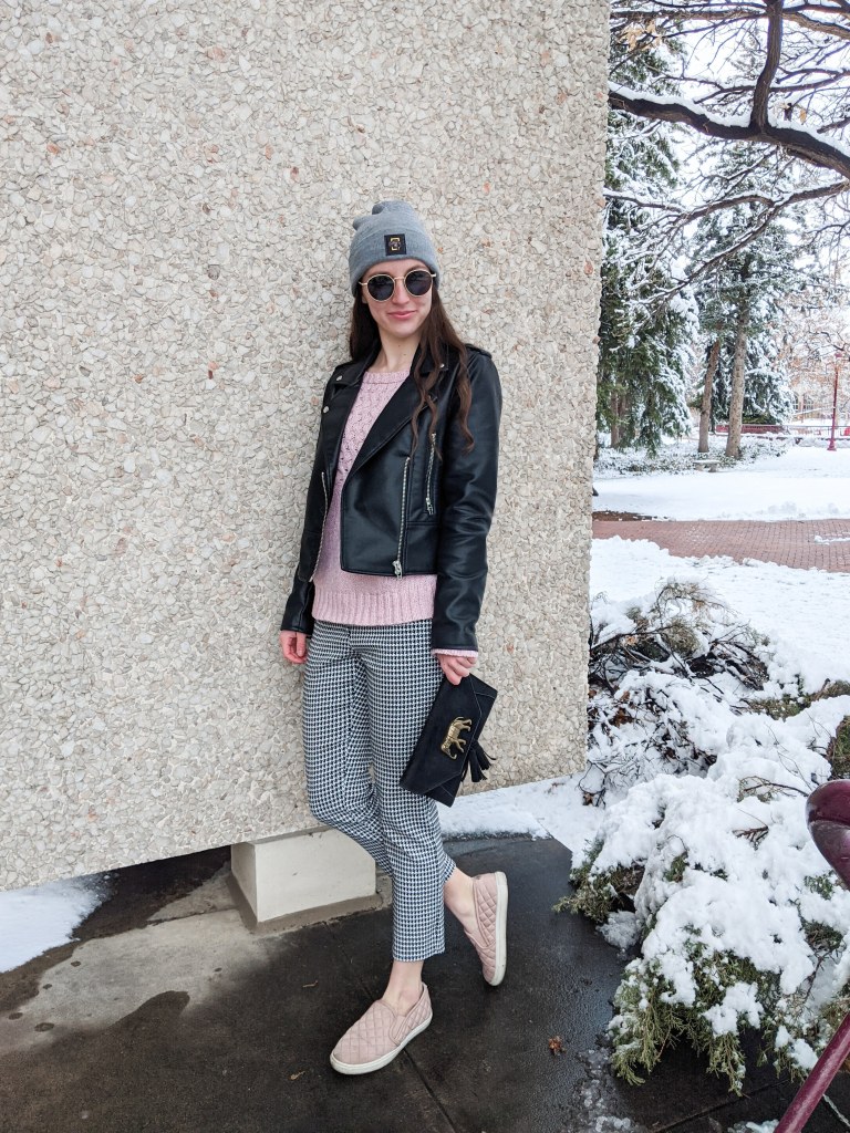 grey-beanie-pink-sweater-houndstooth-pants-leather-jacket