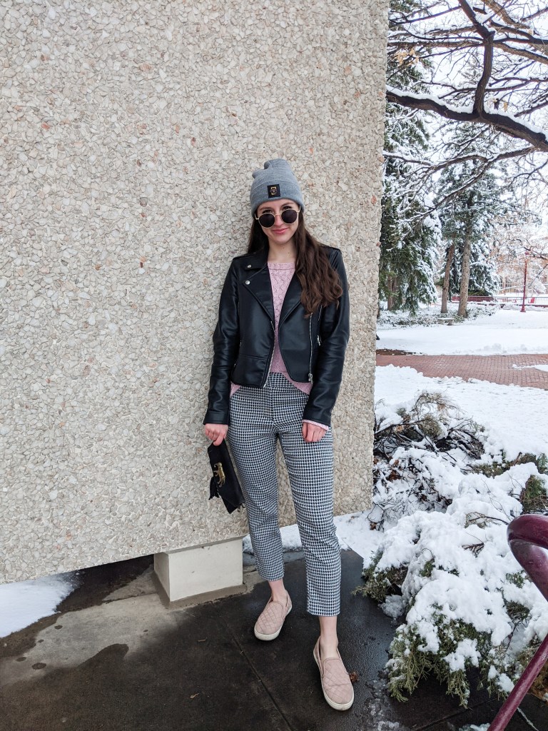 round-sunglasses-leather-jacket-pink-sweater-houndstooth-pants