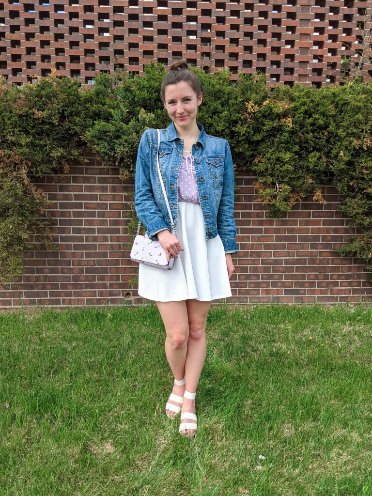 white-skirt-purple-top-francescas-denim-jacket-white-espadrilles