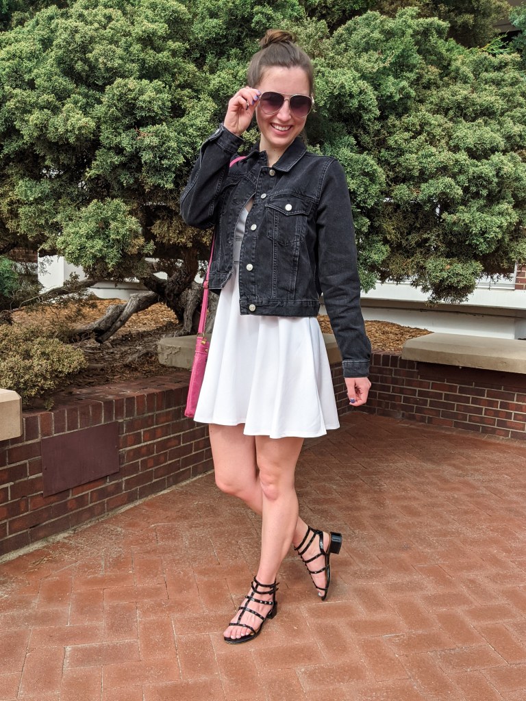 black-sandals-denim-jacket-white-dress