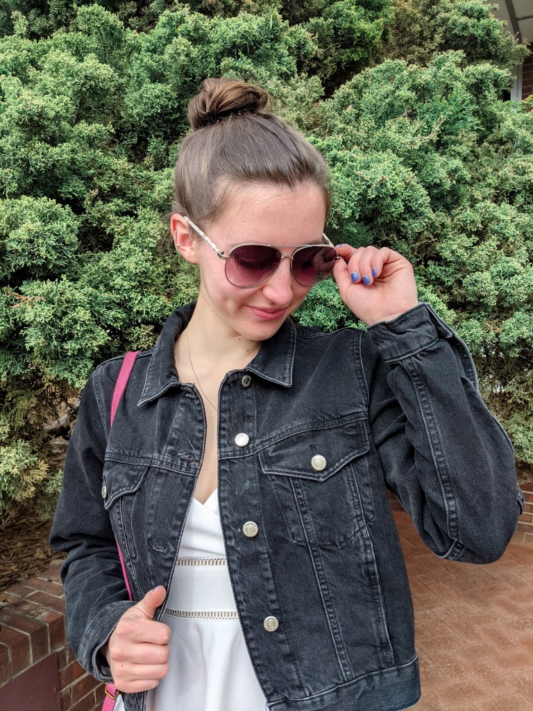 white-dress-black-denim-jacket-aviators