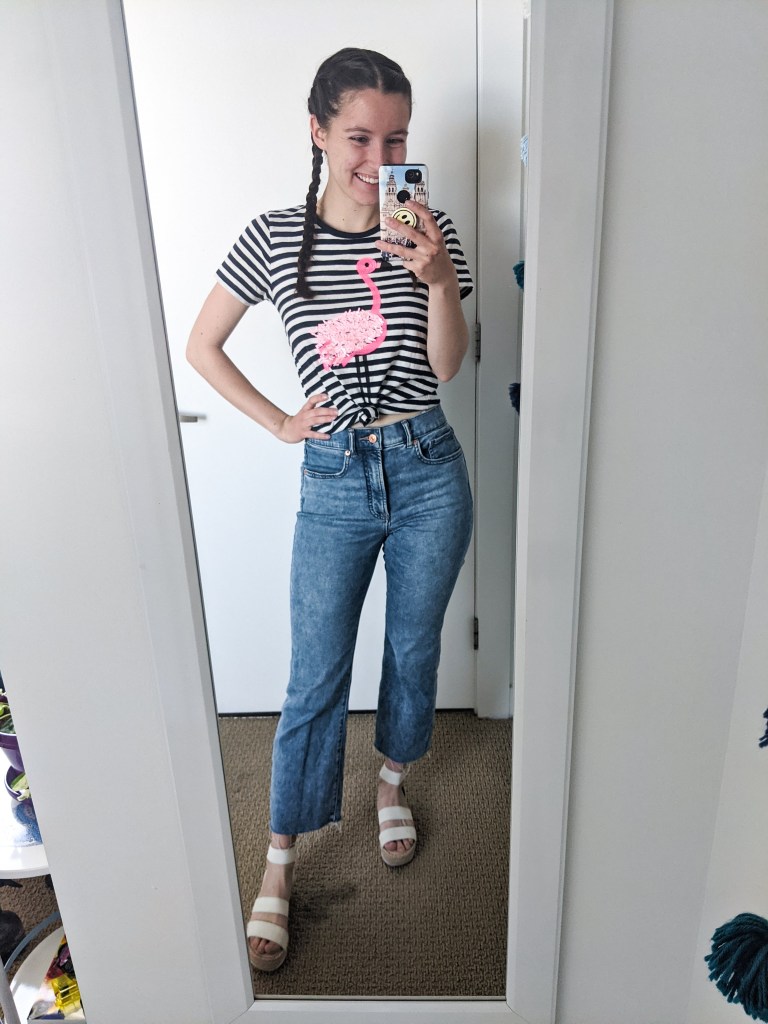 striped-flamingo-tee-cropped-jeans-white-platforms